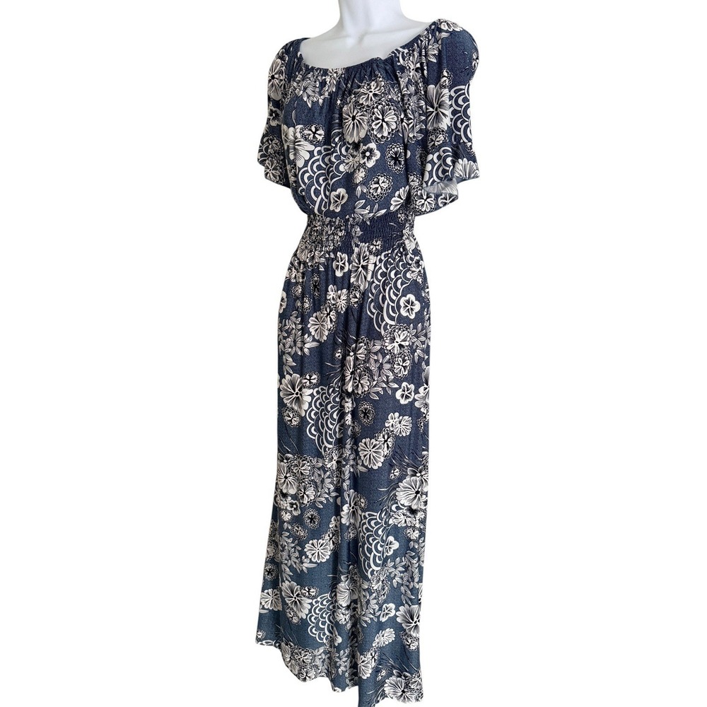 Anthropologie Kindred Floral Maxi Dress L Blue Smocked Waist Boho Cottagecore - Picture 3 of 10